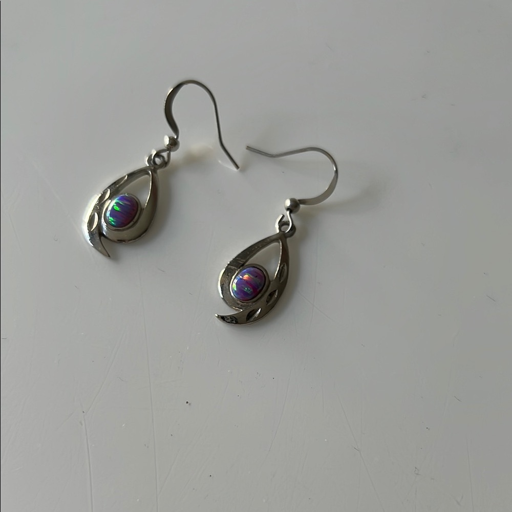 Silver and Purple Drop Earrings with Iridescent Beads